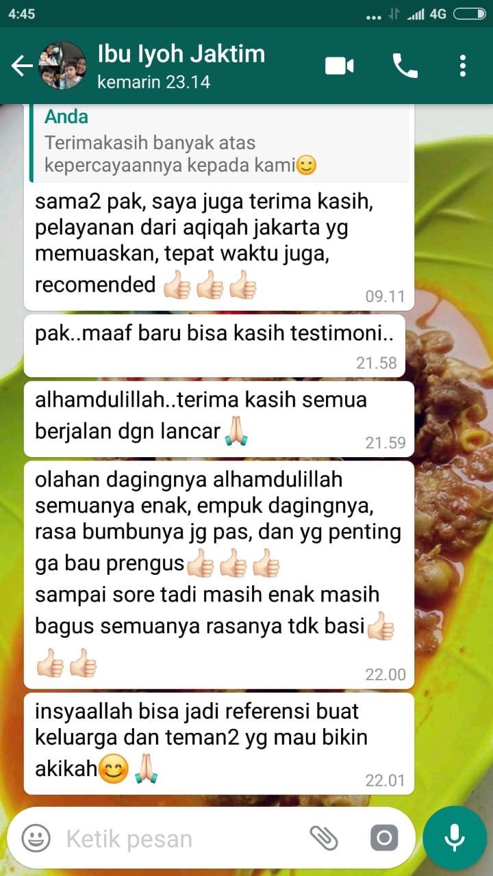 alhamdulillah...terima kasih semua berjalan dgn lancar. olahan dagingnya alhamdulillah semuanya enak, empuk dagingnya, rasa bumbunya jg pas, dan yg penting ga bau prengus. sampai sore tadi masih enak masih bagus semua rasanya tdk basi. insyaallah bisa jadi referensi buat keluarga dan teman2 yg mau bikin akikah